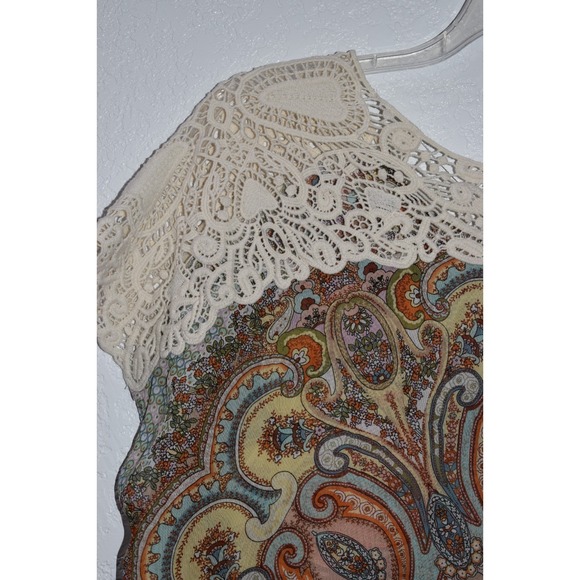 One World Sleeveless Top Large Crochet Shoulders High-Low Hem Sheer Boho Hippie - Picture 5 of 16